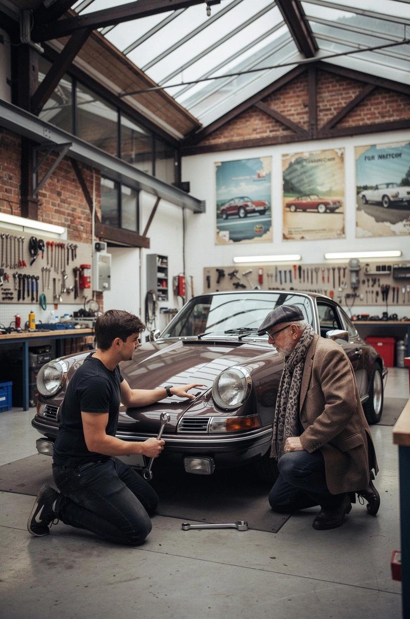 Restaurierter Oldtimer auf Hebebühne, bereit für technische Überprüfung durch Fachpersonal.
